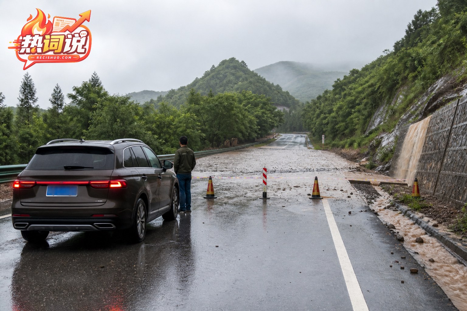 自驾游客停车观察被警戒设施封闭的雨后积水道路