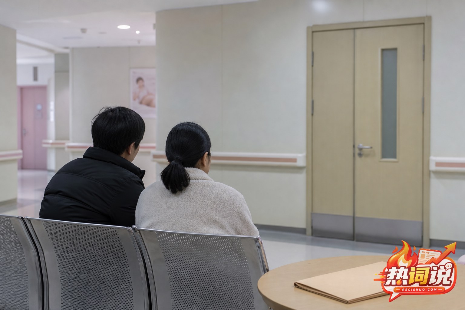 医院产科走廊内,一对成年家属背对镜头等待,桌面放有无文字病历文件夹