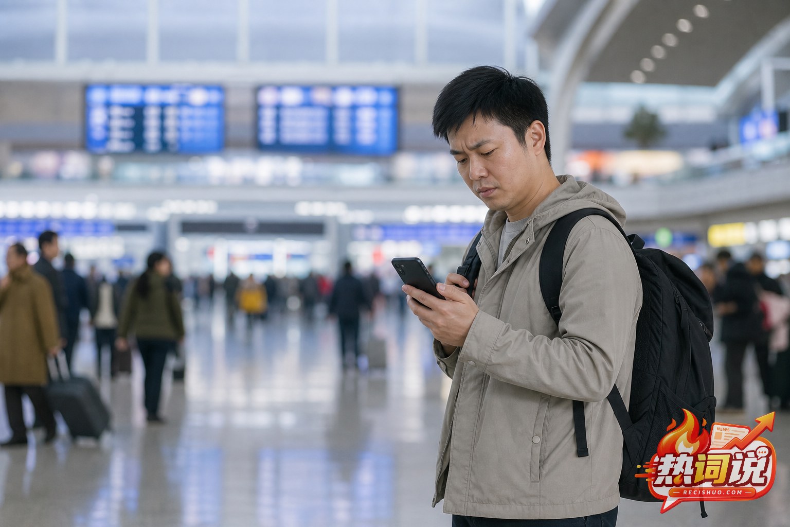 旅客在高铁站候车大厅查看手机行程并露出困惑神情
