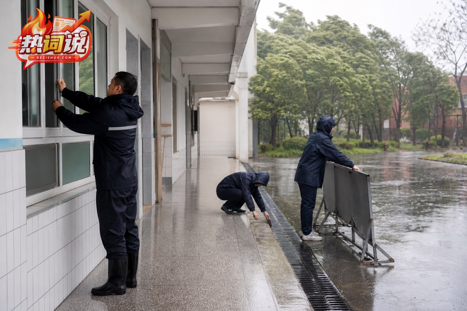 学校工作人员在降雨中检查教室窗户和校园排水设施