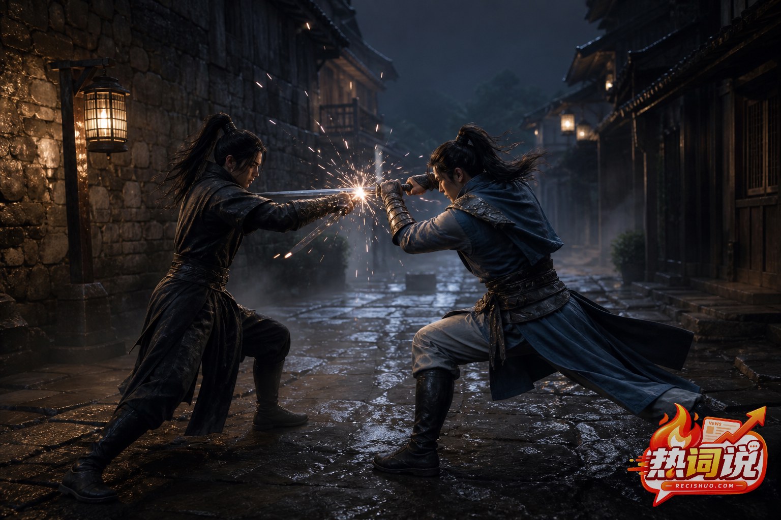 夜色石巷中两名原创武侠角色近距离挥刀交锋