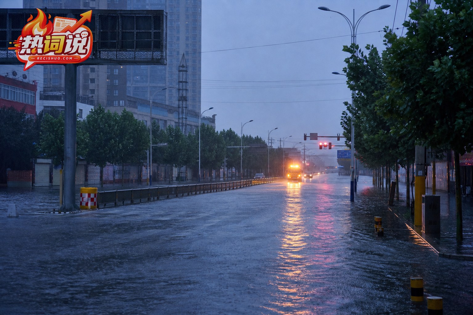 暴雨中的城市道路出现积水,沿街商铺关闭并有防汛车辆通行