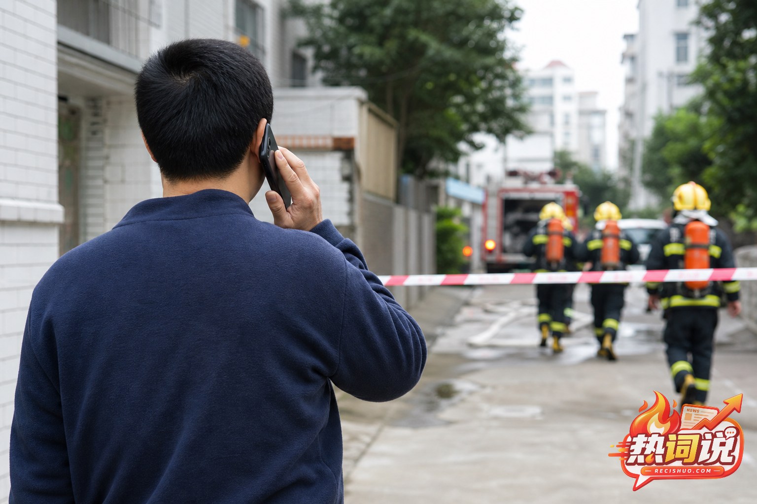 家属在警戒区域外拨打电话并等待专业消防救援人员处置