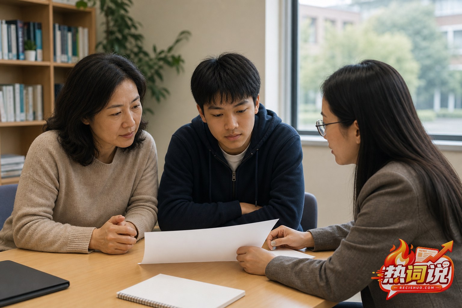 家长和学生在学校咨询室了解课程路径,体现升学选择需要审慎判断