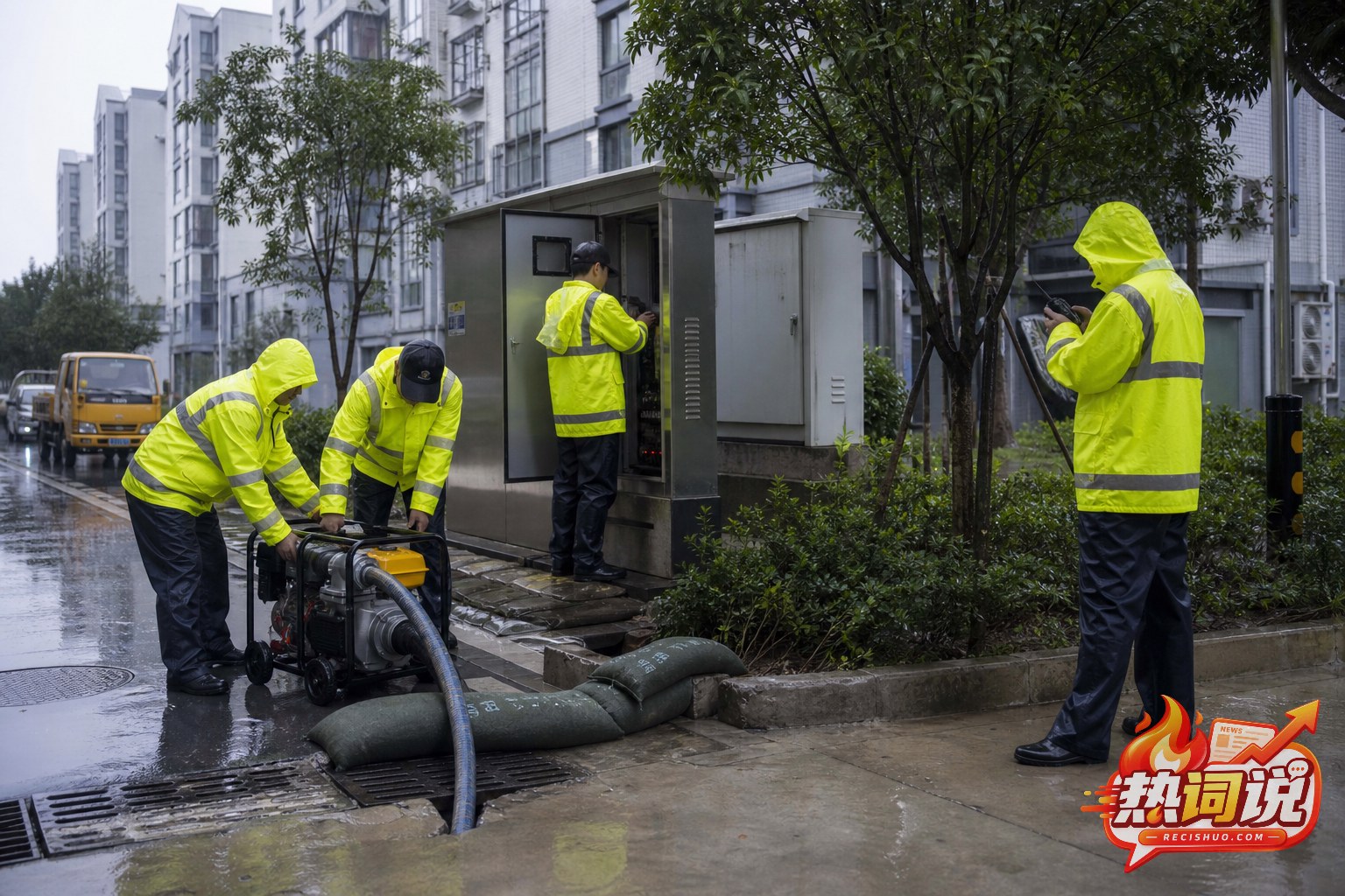 防汛工作人员冒雨检查排水设备和居民区电力设施