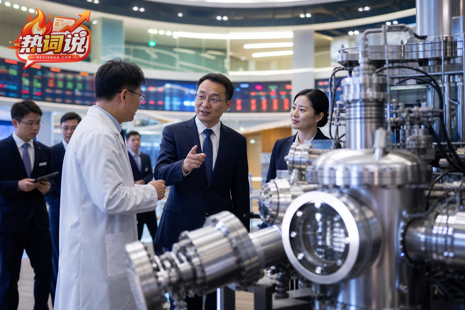 证券交易场景中科研人员与商务人士围绕精密科学仪器交流