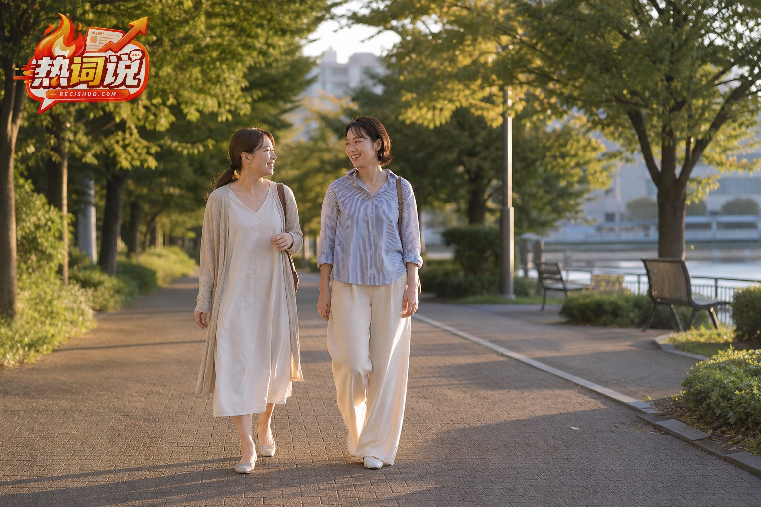 两位女性穿着轻薄舒适的晚夏服装在夕阳下的城市公园散步