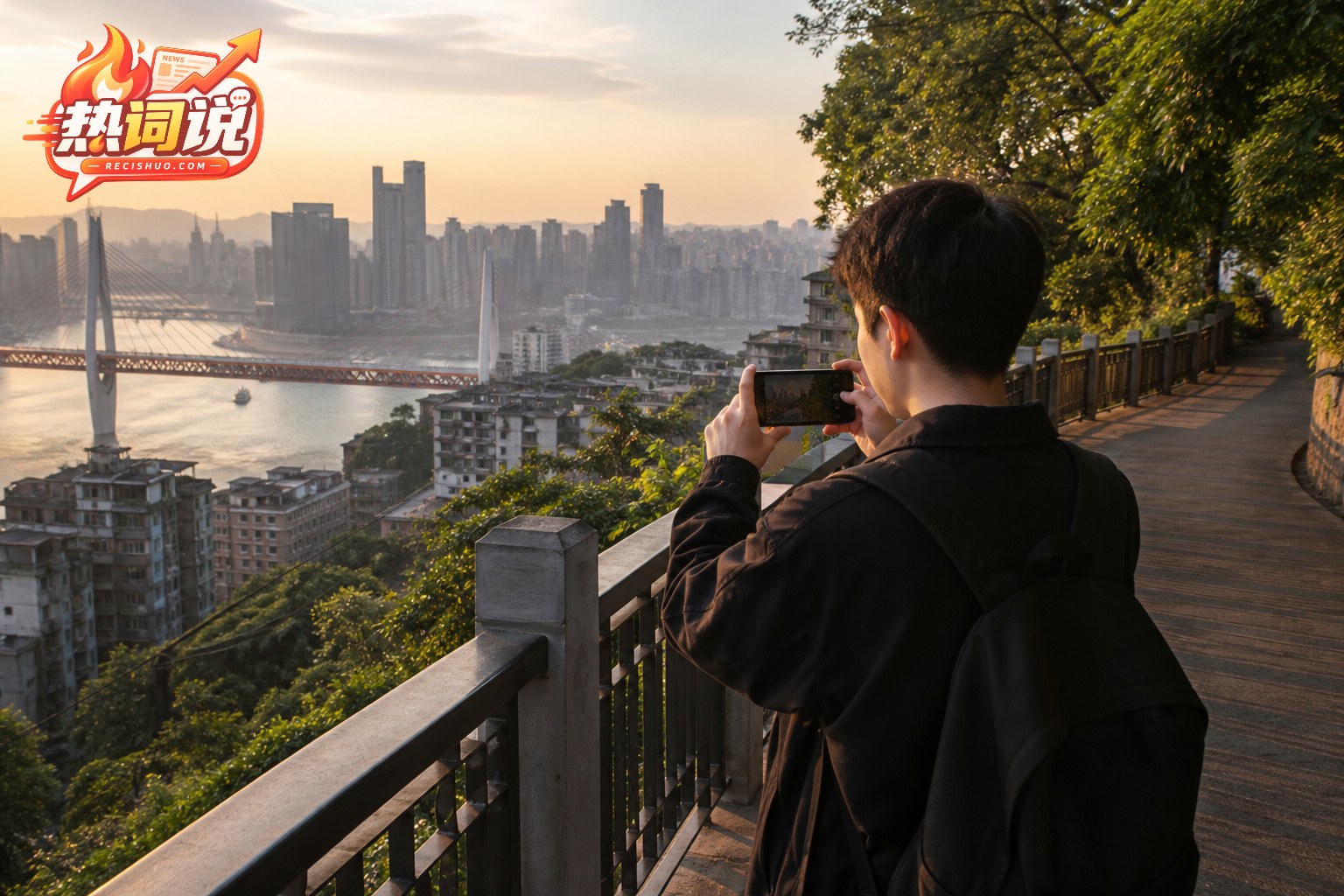 创作者在重庆山城公共观景步道安全区域用手机拍摄江景与城市天际线