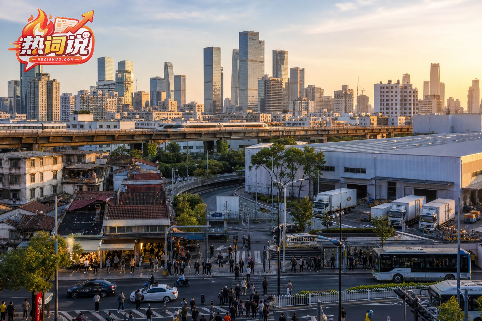 晨光中的城市商业区、公共交通、老旧街区与现代产业设施共同构成经济运行图景
