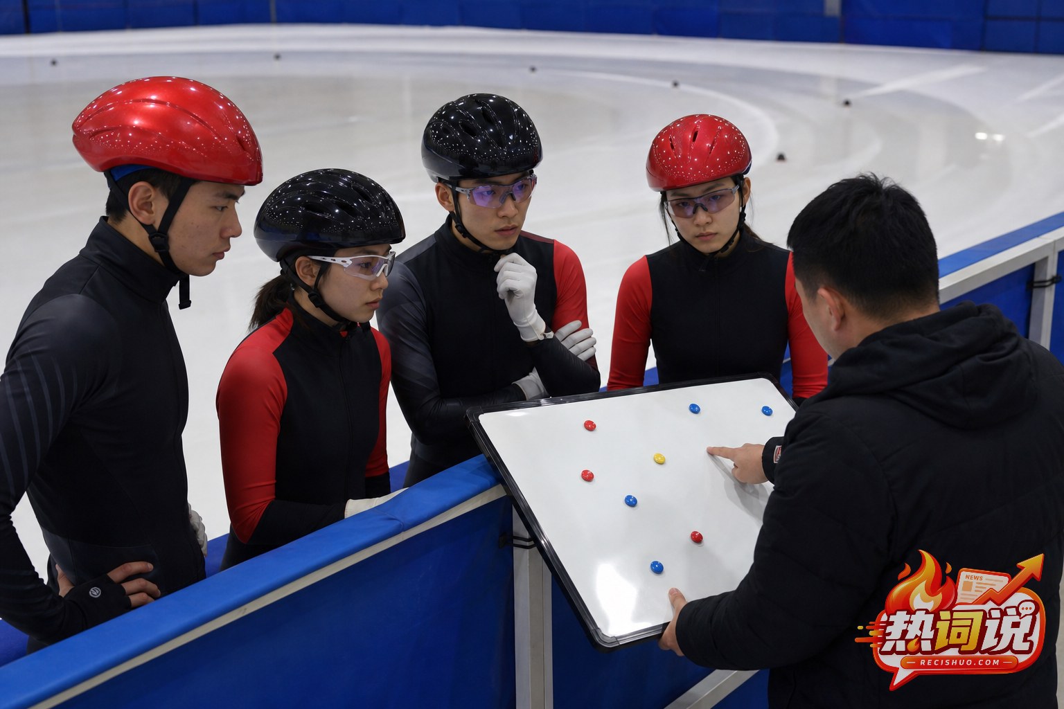 短道速滑教练在场边使用战术板向运动员讲解训练安排