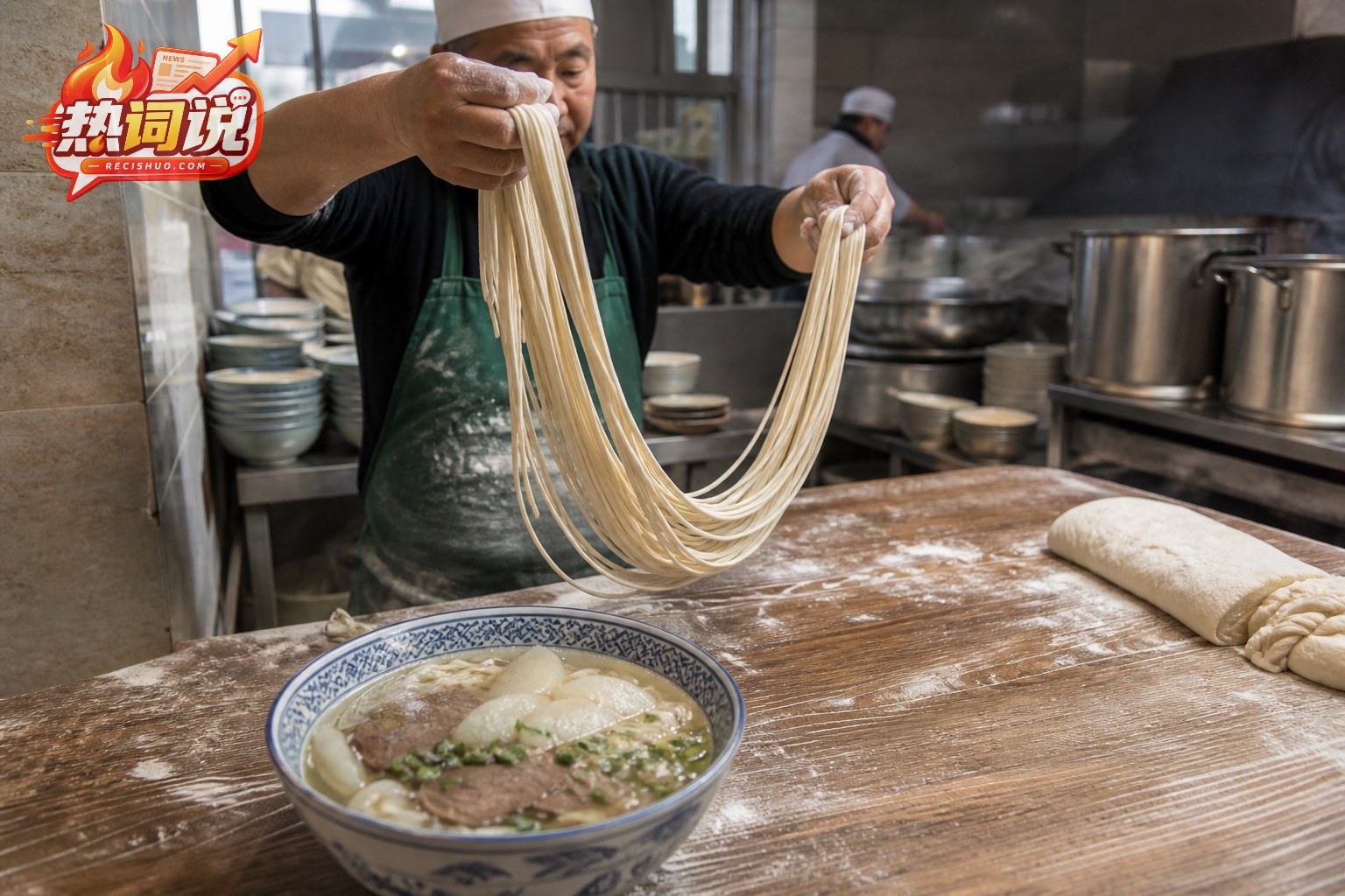 拉面师傅在后厨手工抻面并准备牛肉面