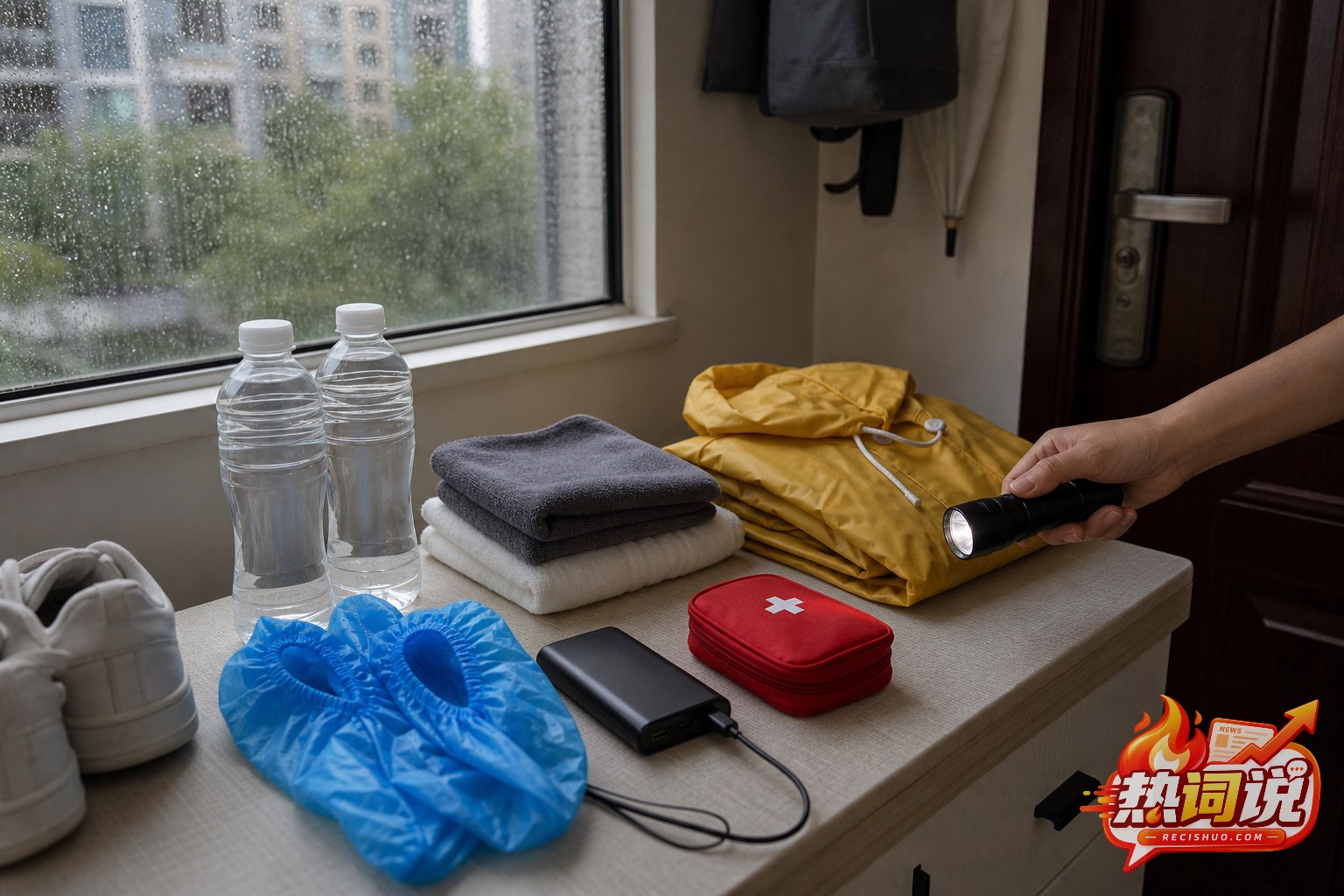 北京居民在家中检查手电筒、充电宝、饮用水、雨衣和急救包等暴雨应急用品