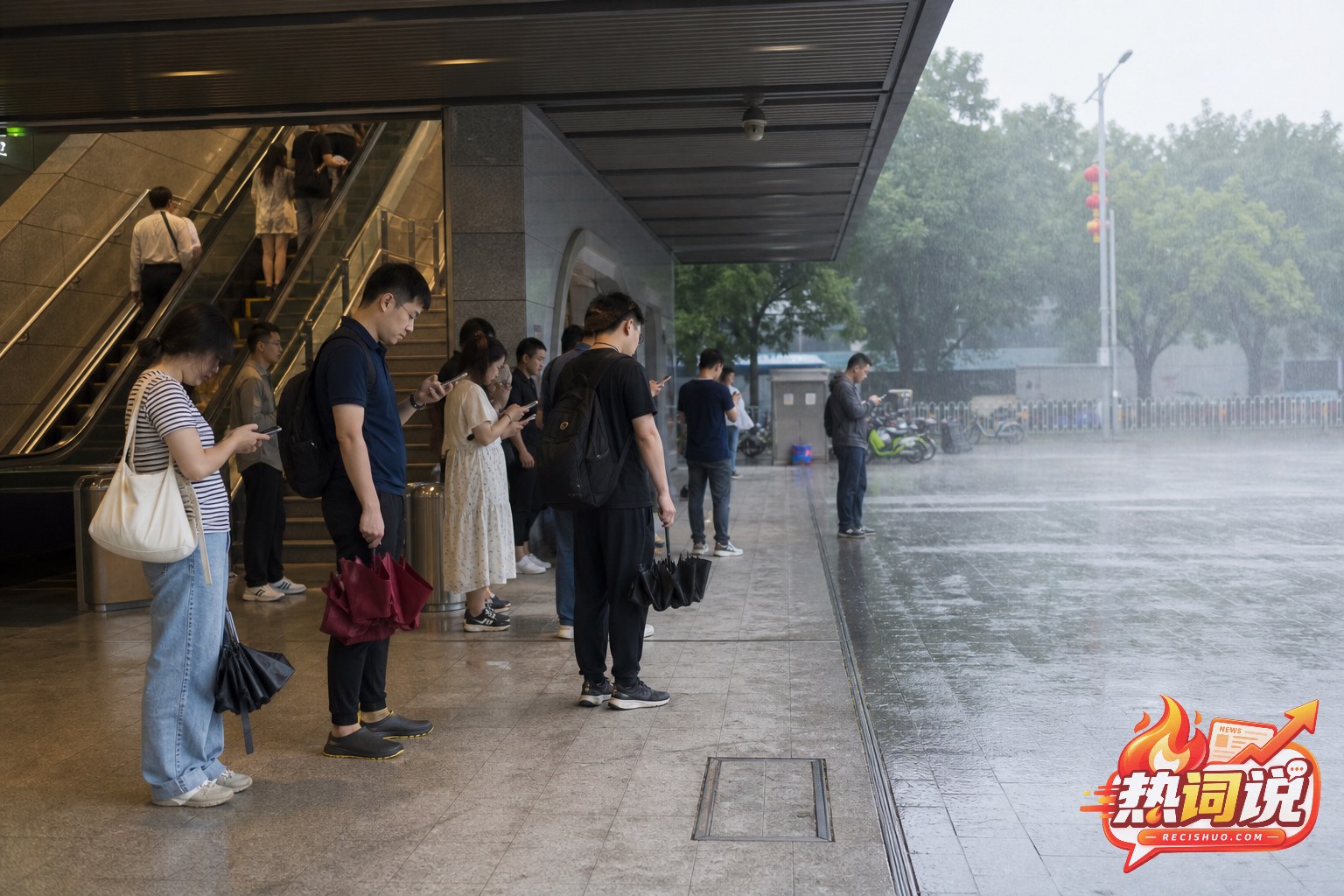 北京地铁站入口外大雨倾盆,通勤者在雨棚下查看交通信息并等待雨势减弱