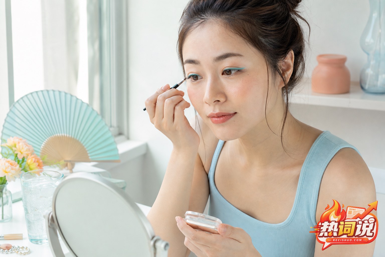 年轻女性在窗边完成淡蓝眼线与蜜桃色腮红的清凉夏日妆容