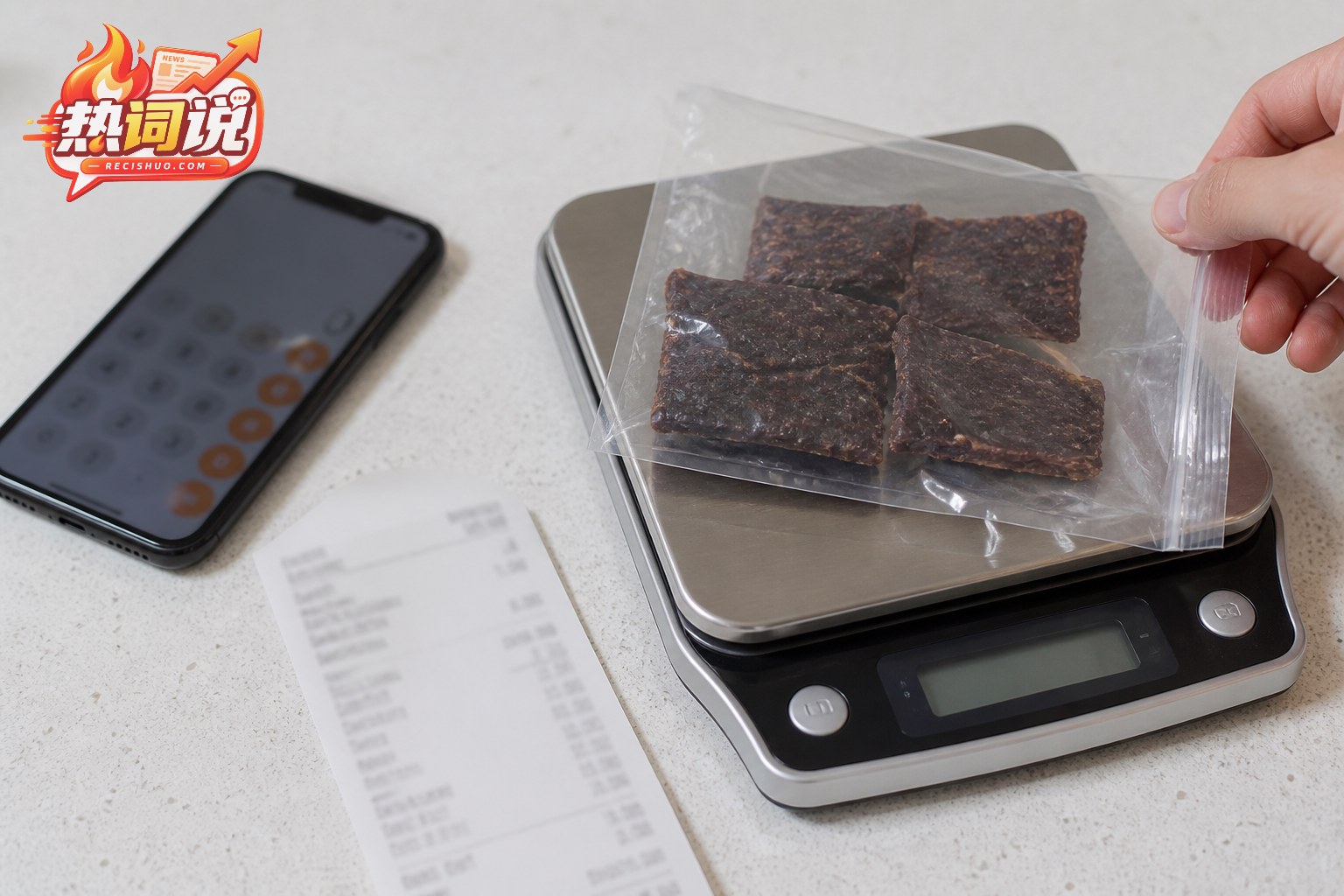 消费者在家用厨房电子秤复称袋装牛肉干
