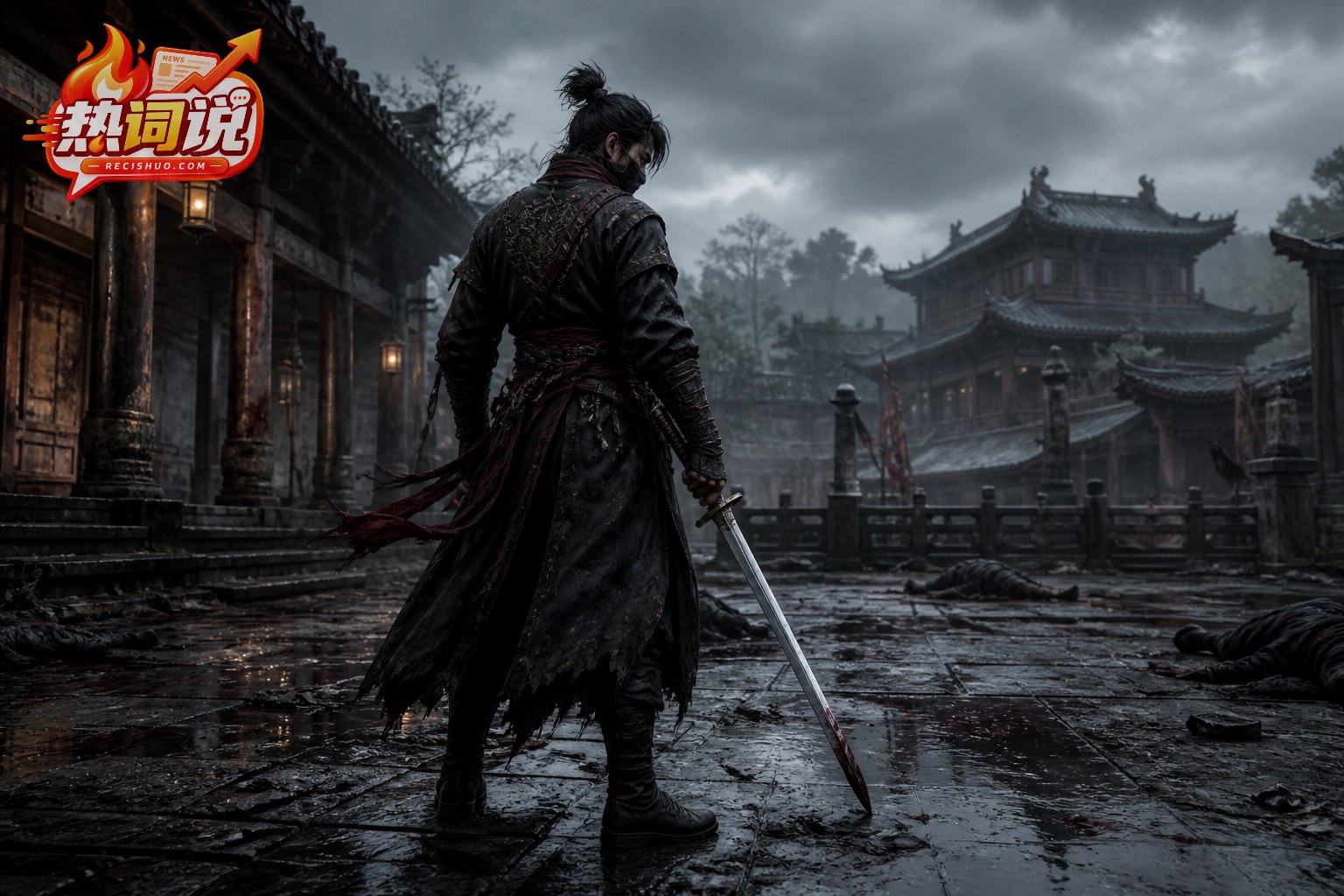 雨后中式古建筑庭院中持刀而立的原创武侠游戏角色