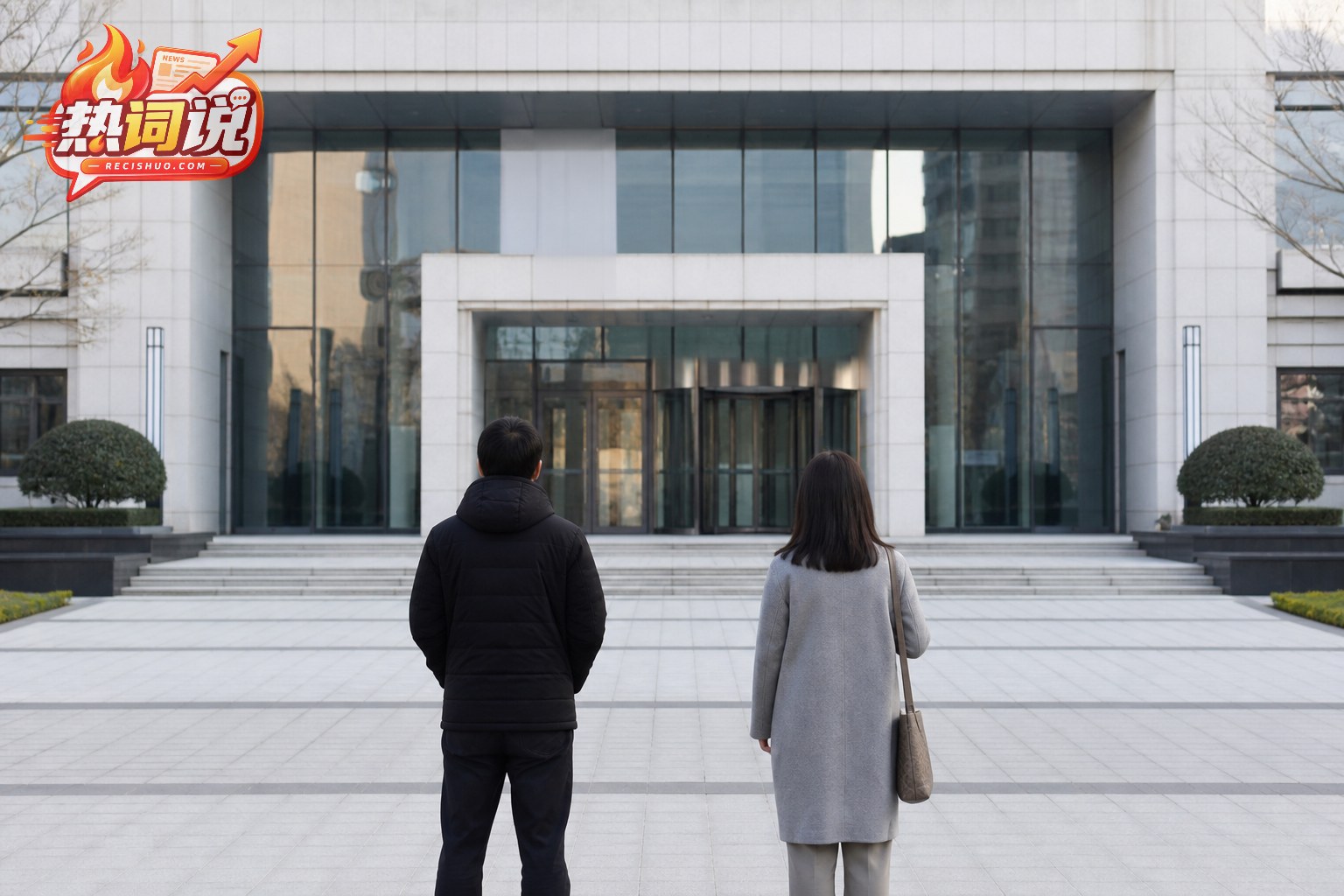苏州一座现代法院建筑外的平静纪实场景,两名当事人背对镜头保持距离