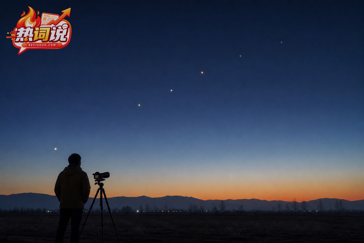 黎明前观测者在山野间拍摄沿黄道呈弧形分布的行星亮点