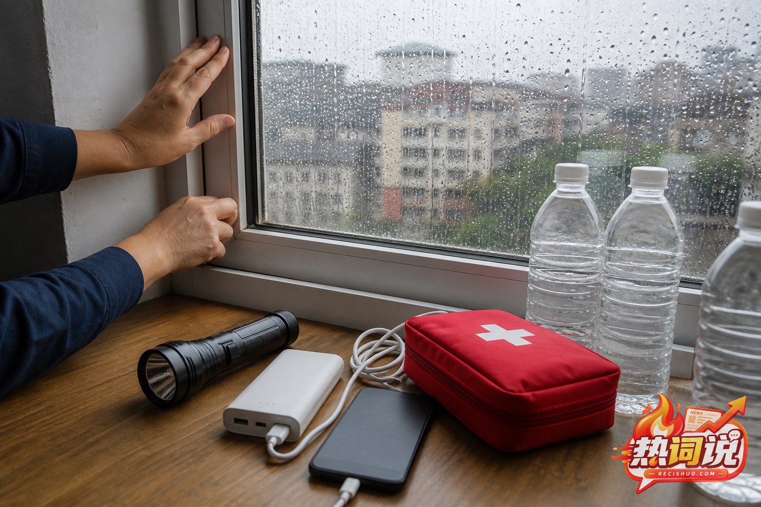 居民在暴雨期间检查窗户,并准备照明、充电、饮水和急救用品