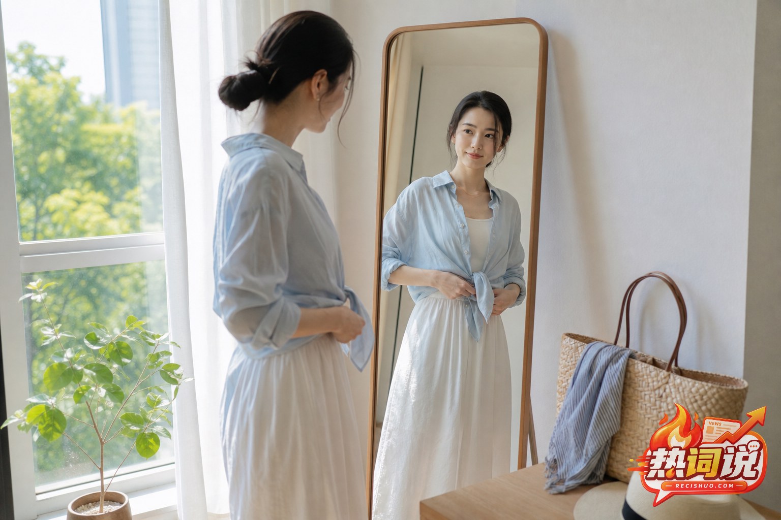 年轻女性在明亮窗边对镜整理浅蓝衬衫与白色长裙的晚夏日常画面