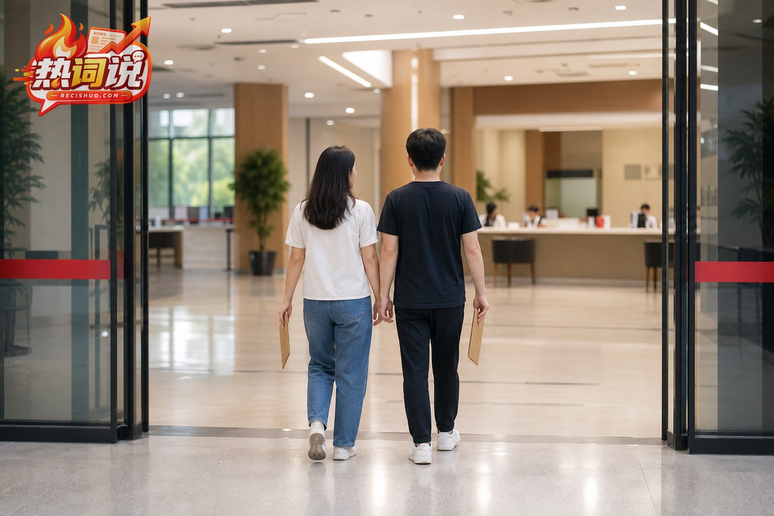 一对年轻人携带材料走进明亮的婚姻登记服务大厅