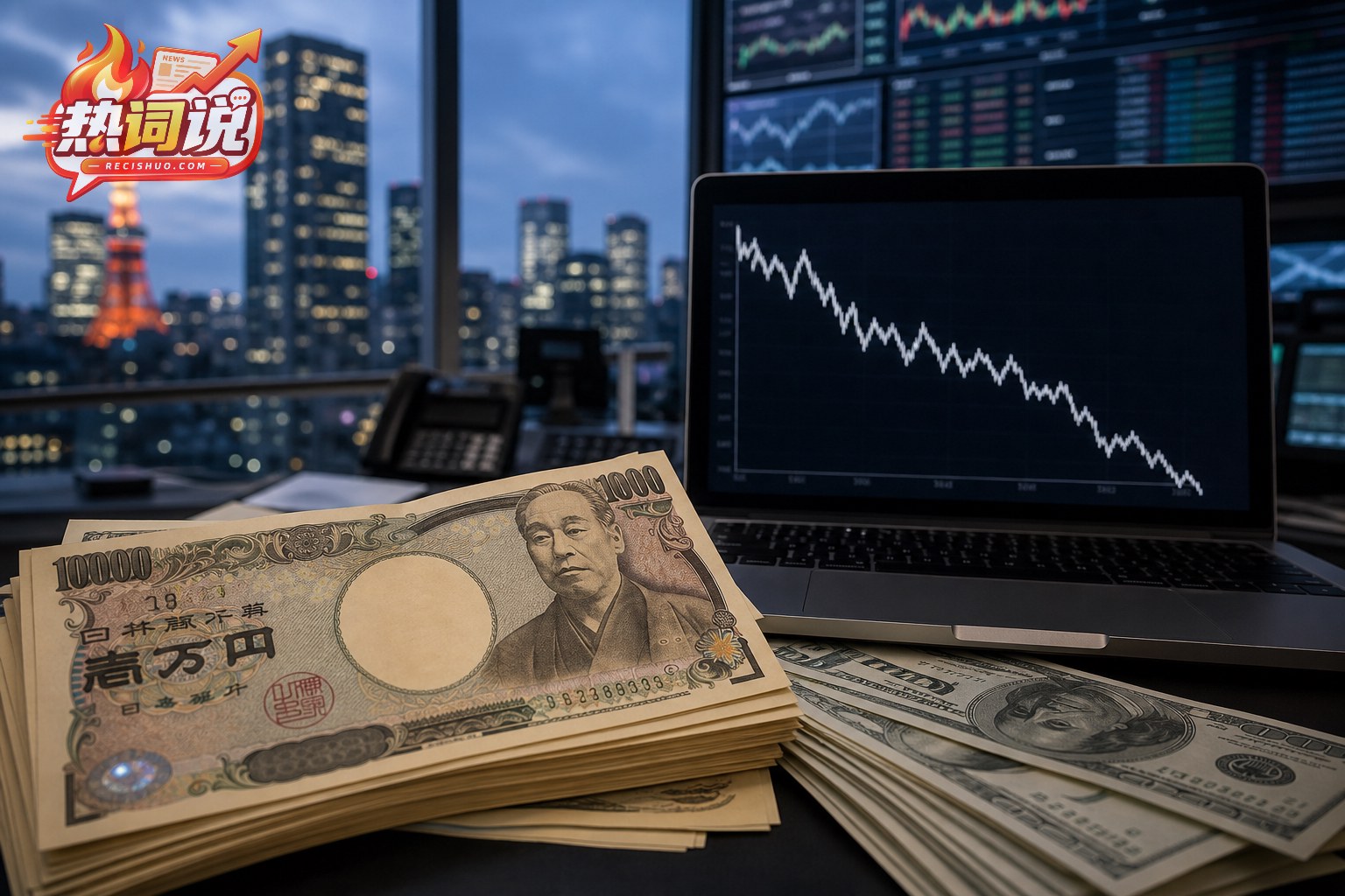 东京金融区背景下,日元与美元纸币摆在显示下行曲线的电脑前