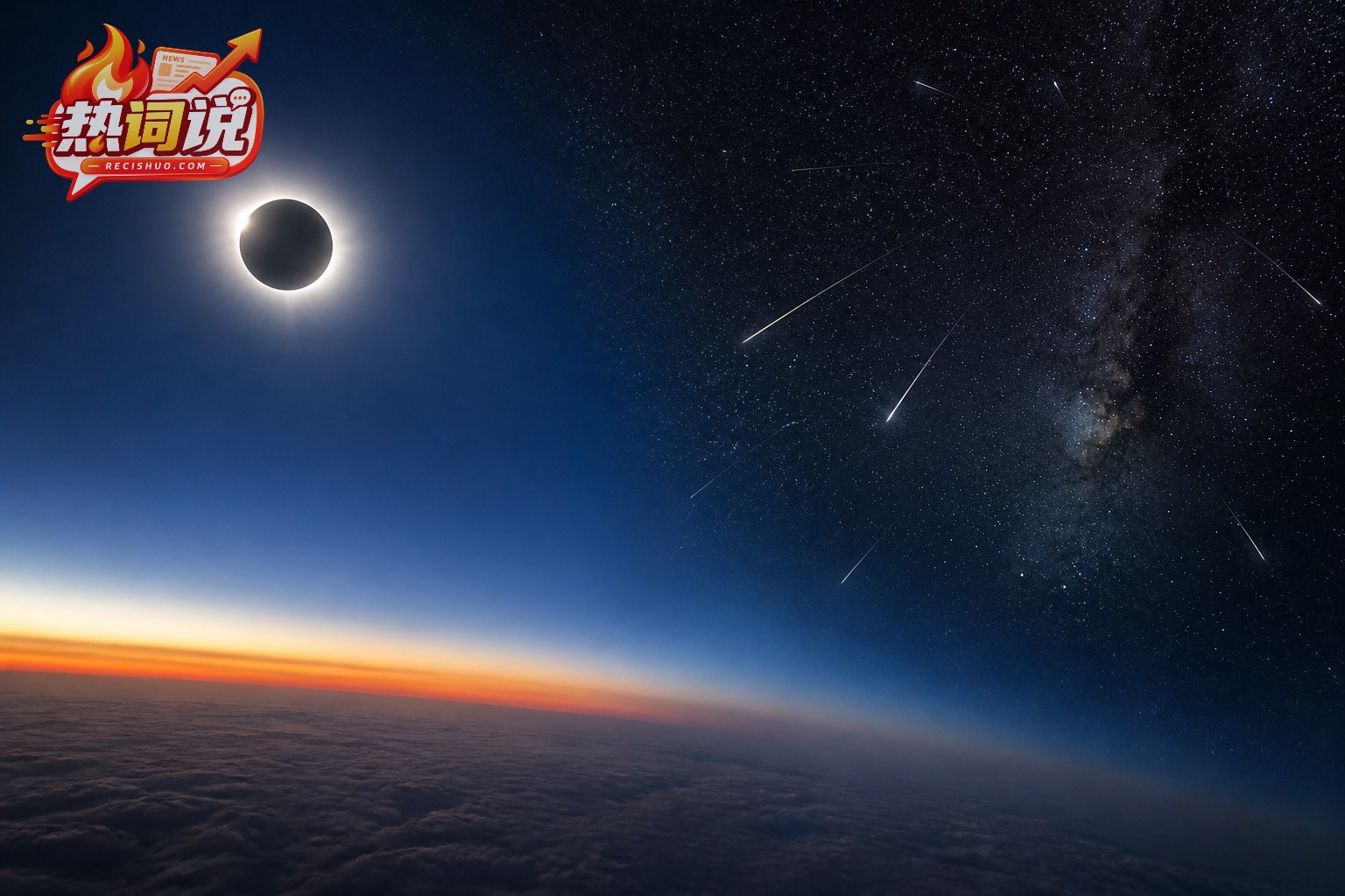 地球昼夜交界上空同时呈现日全食与英仙座流星雨的天象画面