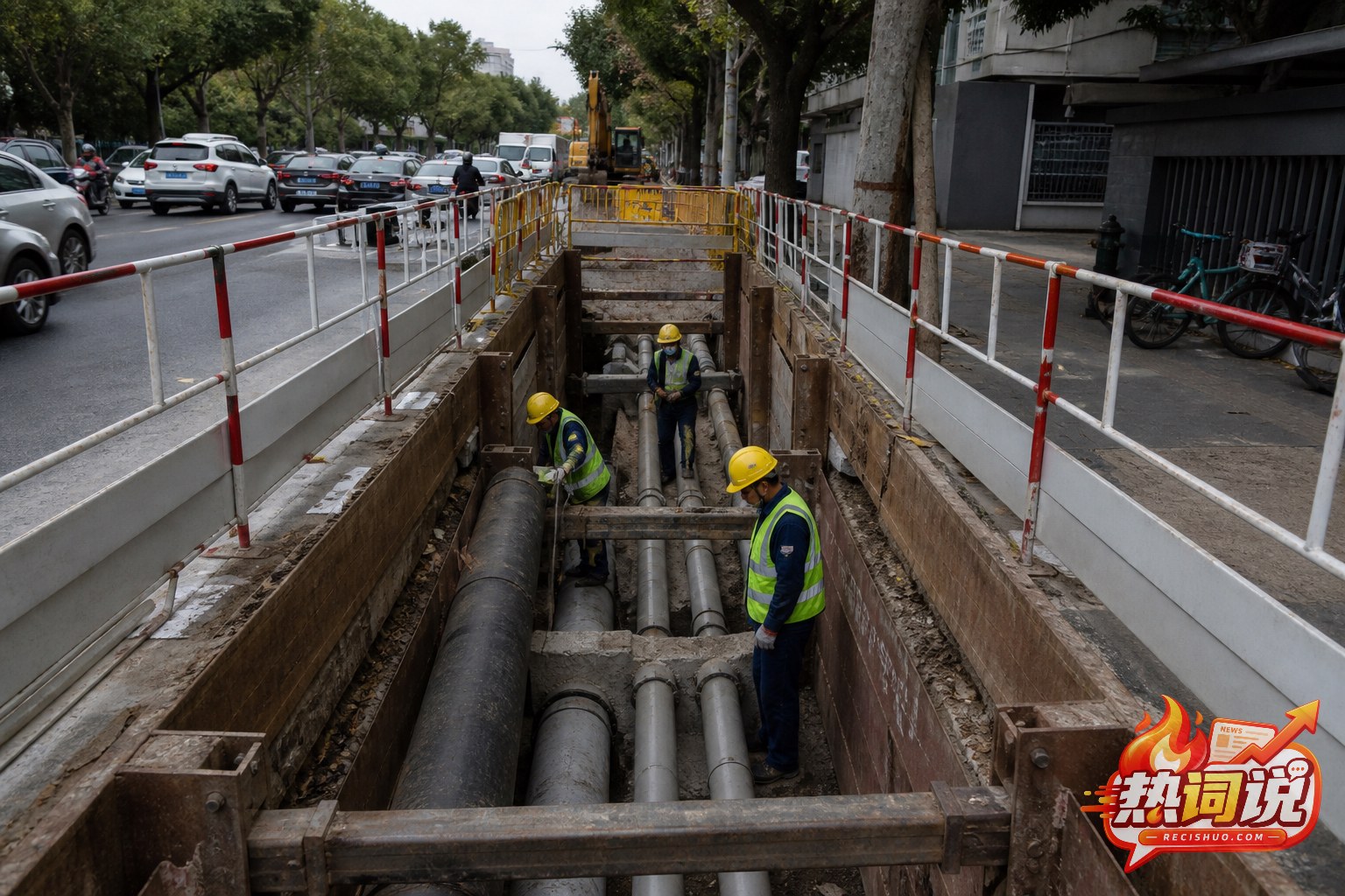城市道路分段施工并检修地下供排水管线的现场