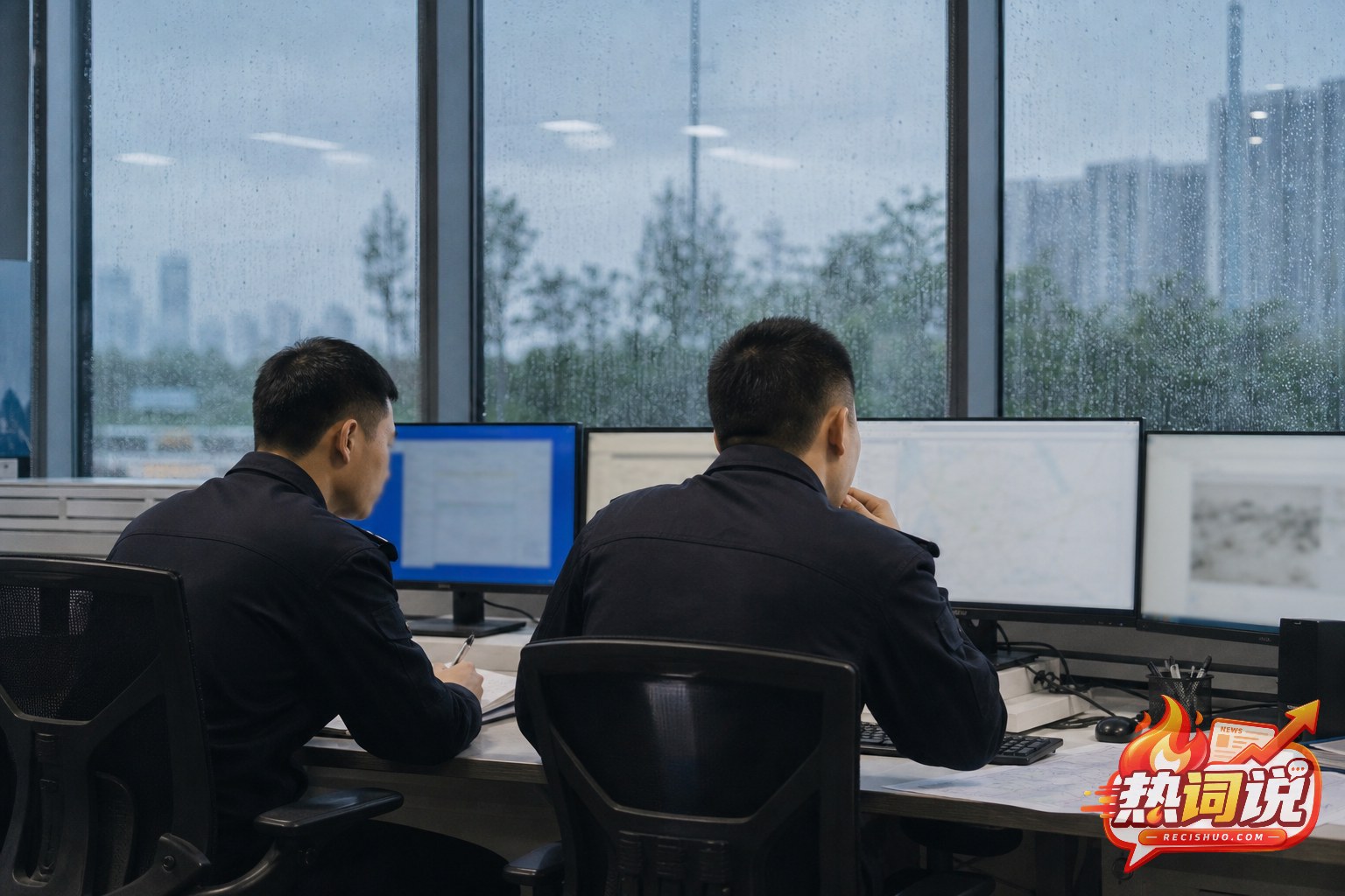 阴雨天气中工作人员在值班室核查涉台风网络信息