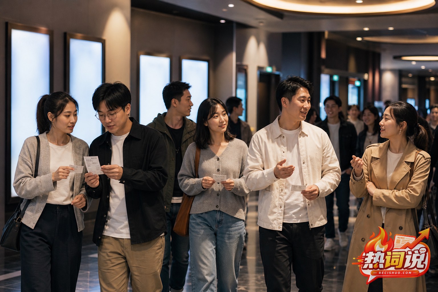 观众散场后在影院走廊交流观影感受