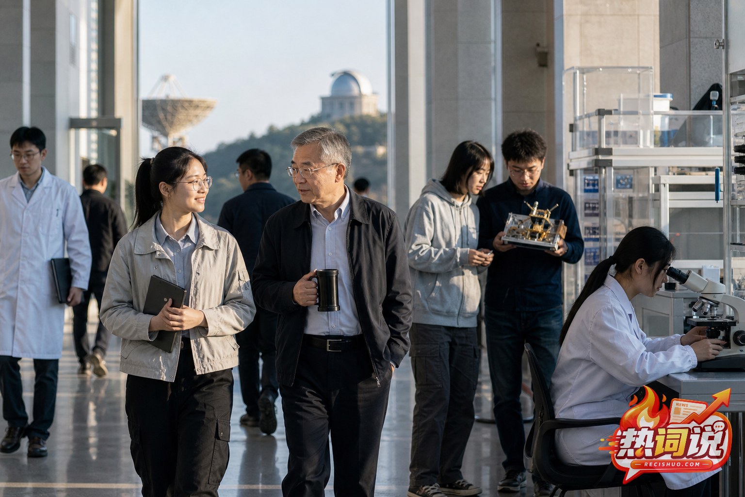 不同年龄和研究方向的科研工作者在现代科研机构中交流与工作