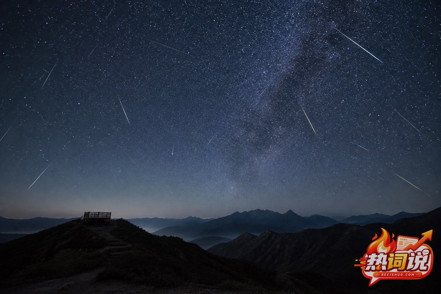 群山上空多颗英仙座流星划过无月星空的横版夜景