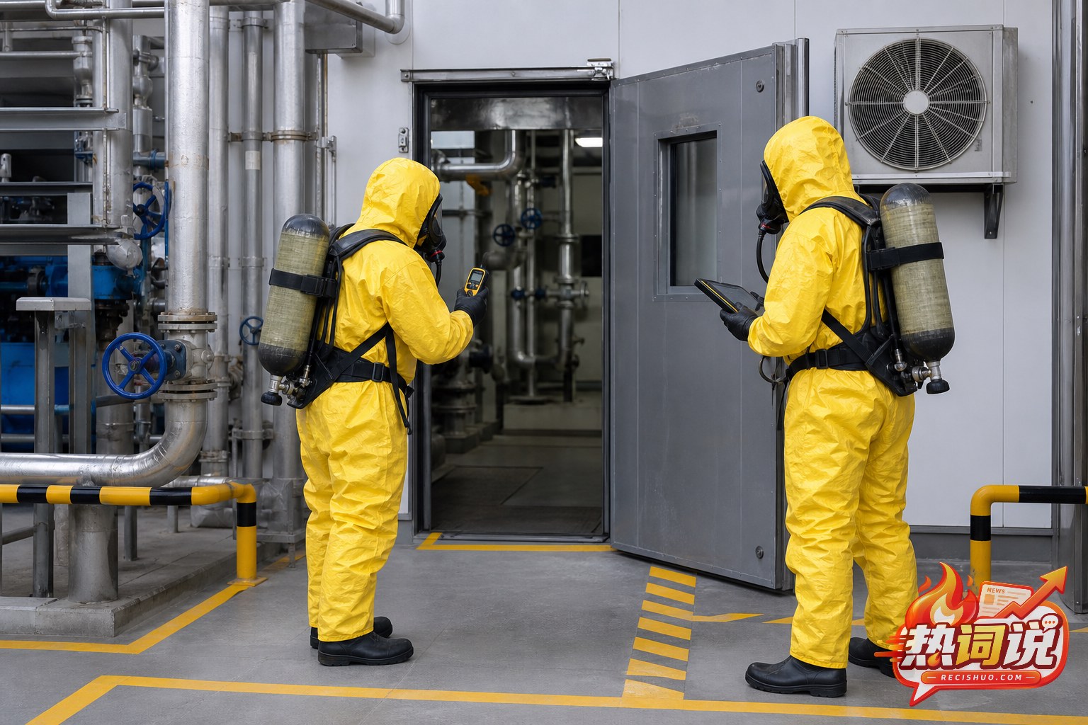 专业救援人员穿戴防化服和空气呼吸器在制冷设备间外检测风险