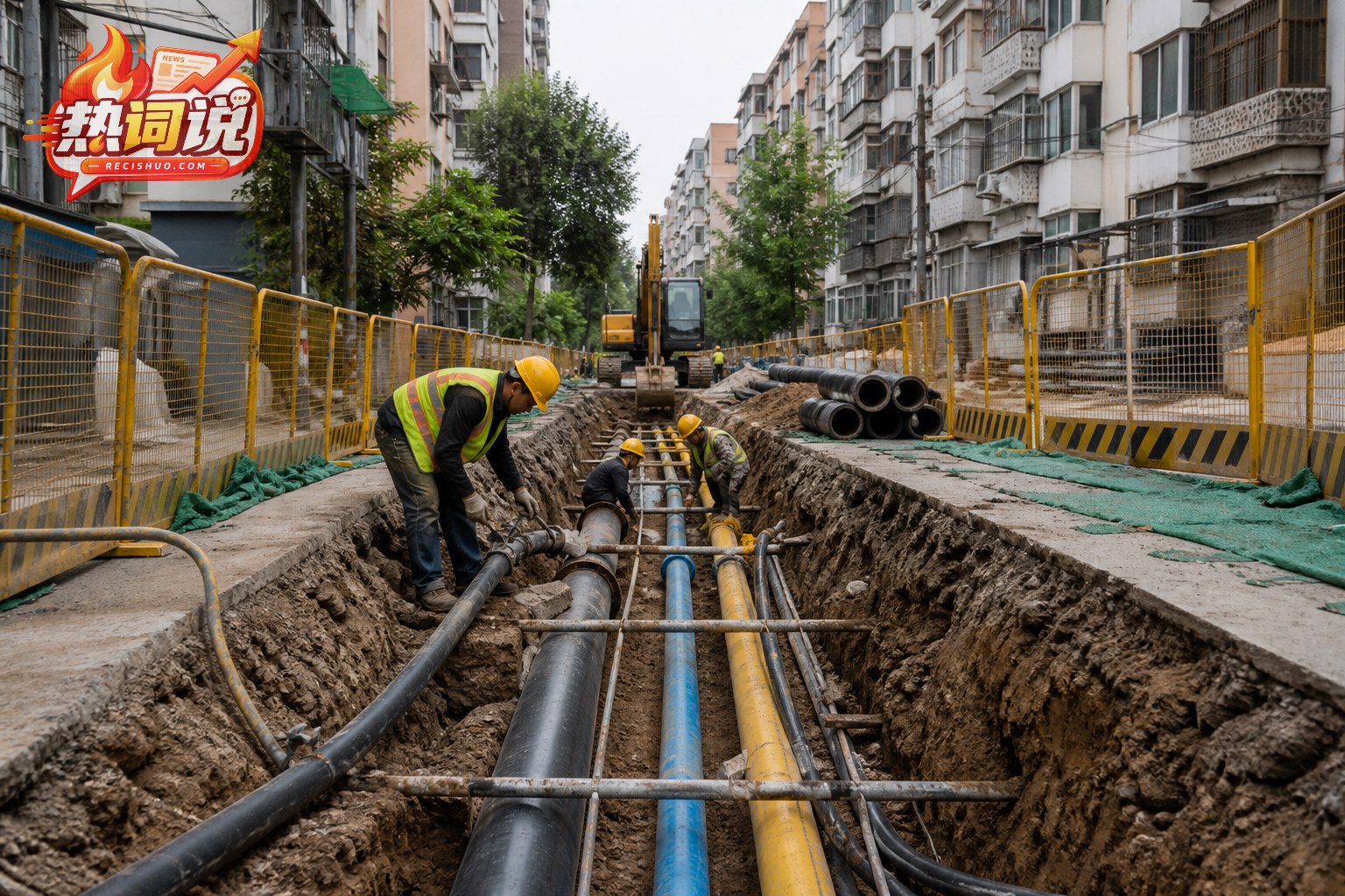 老旧小区道路开挖并更新地下管线的施工现场