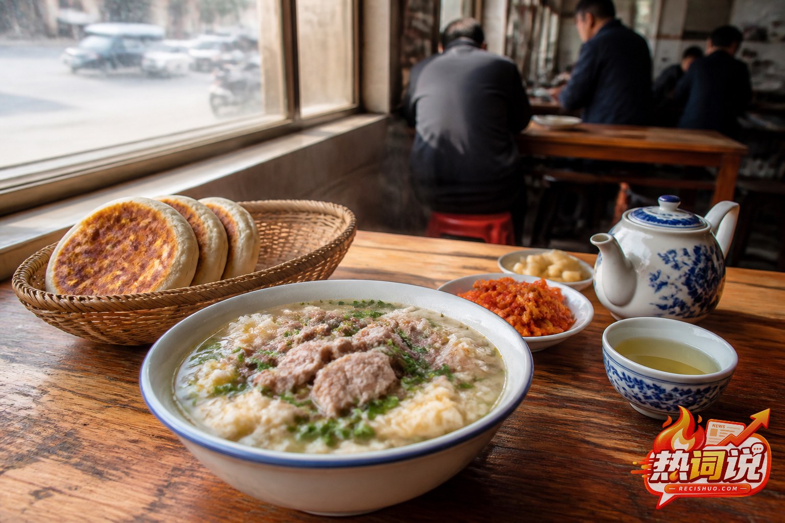 运城小吃店内摆放面食、烧饼和配菜的日常餐桌