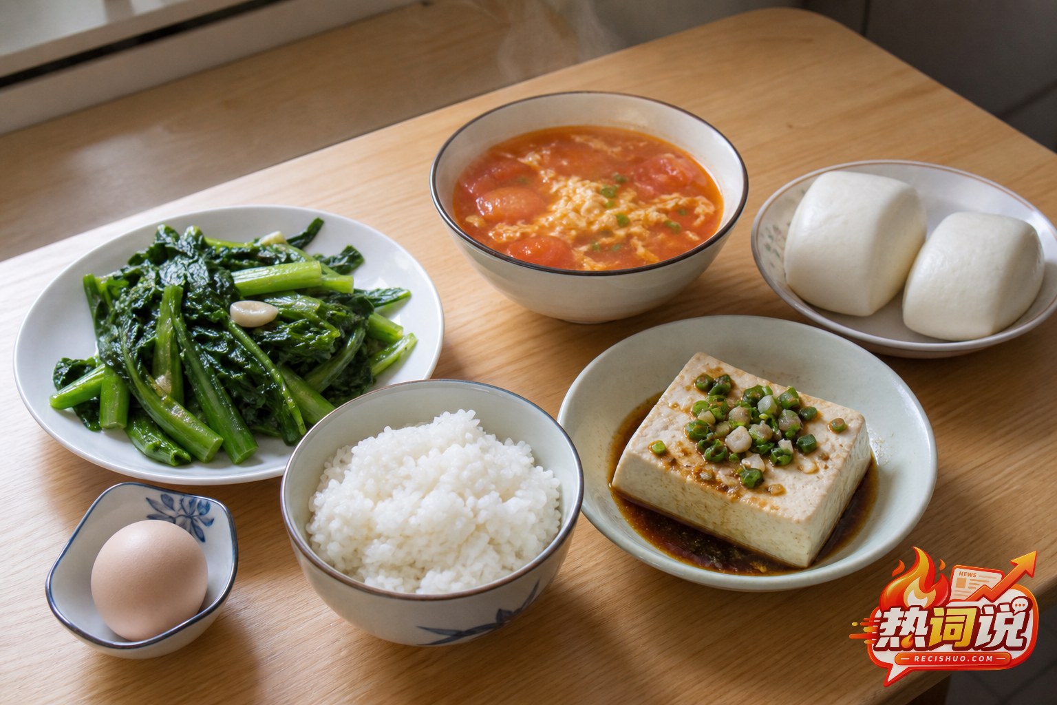 包含主食、鸡蛋、豆腐、蔬菜和汤的低成本家常餐