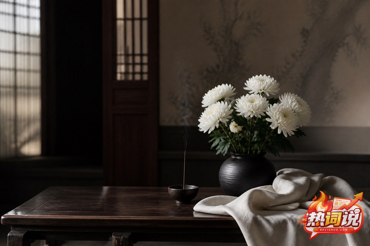 白菊与深色木桌构成的庄重纪念场景