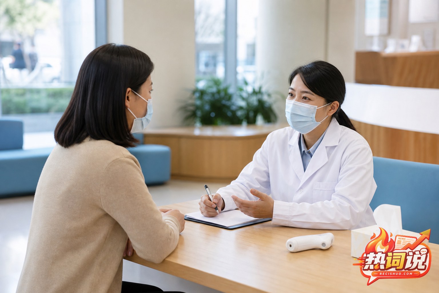 社区卫生服务中心内医务人员为佩戴口罩的居民提供健康咨询
