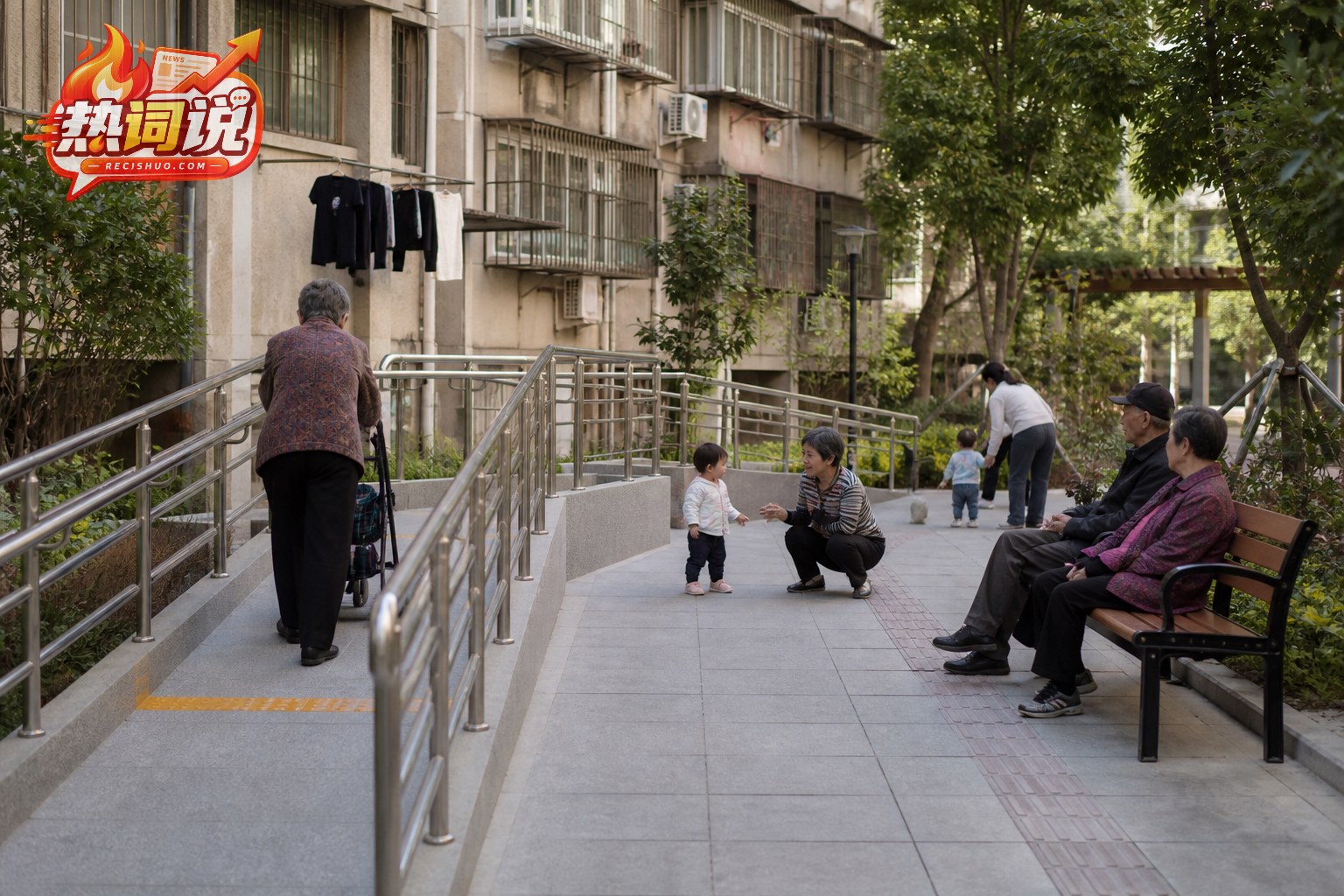 老旧社区增设无障碍坡道扶手和休憩空间后的生活场景
