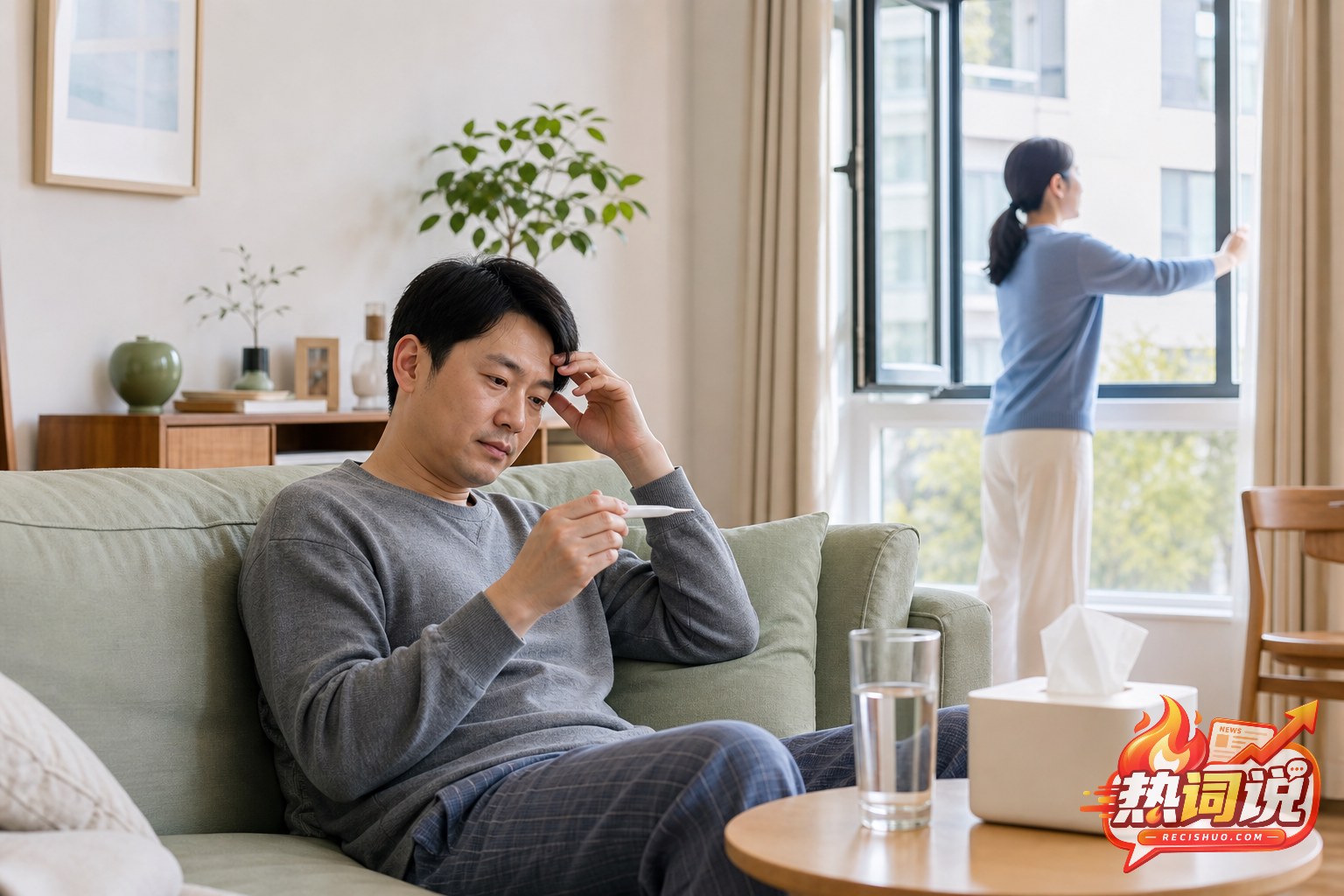 出现发热不适的居民在通风的家中测量体温并休息
