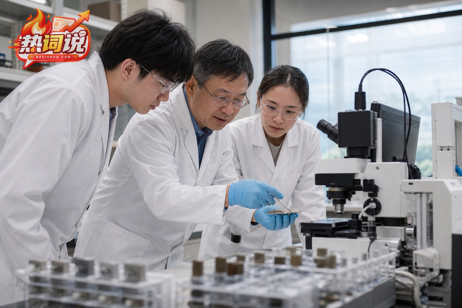 资深研究者在材料实验室指导青年科研人员观察样品