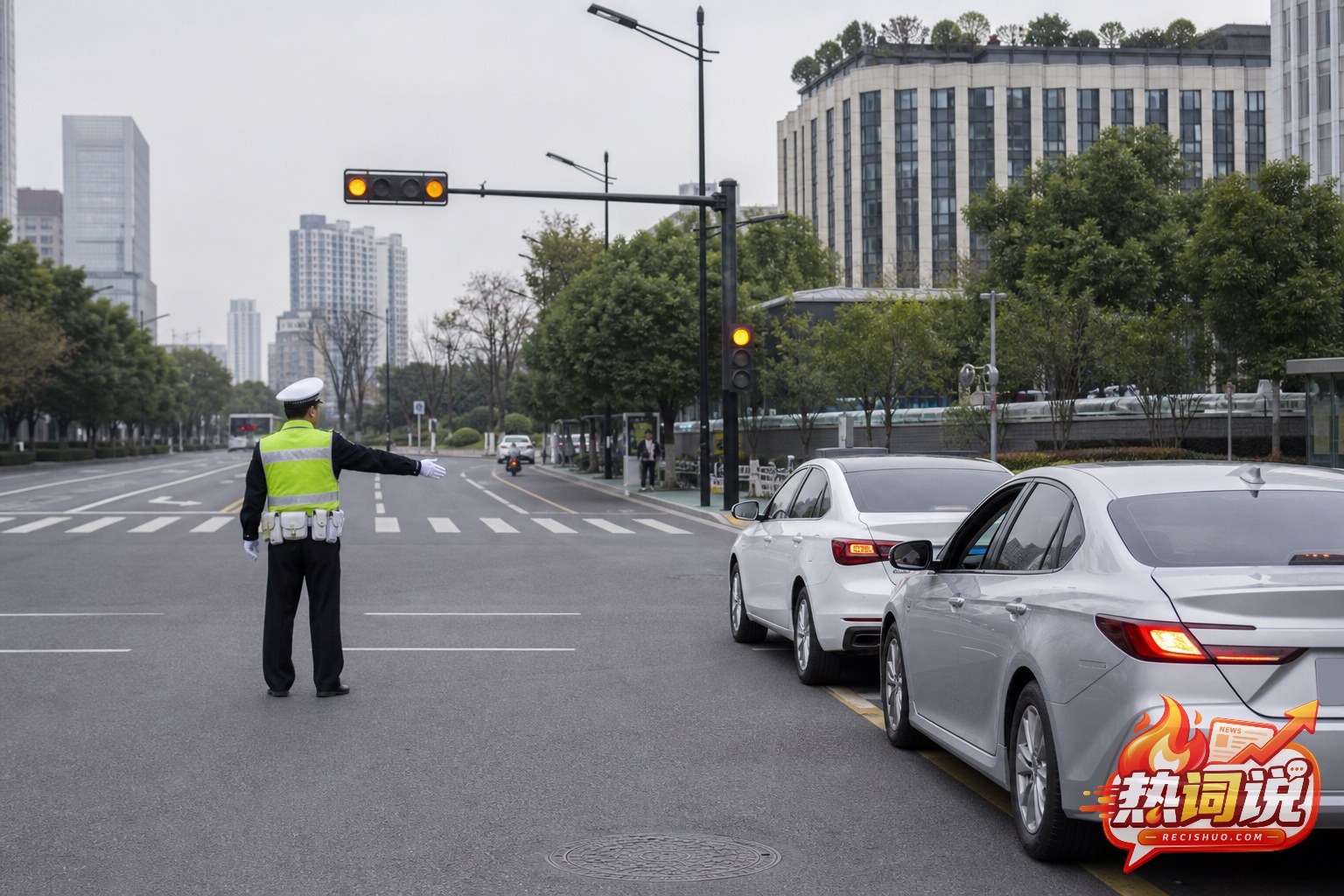 苏州城市路口两辆汽车安全停靠路边,交警正在有序疏导交通