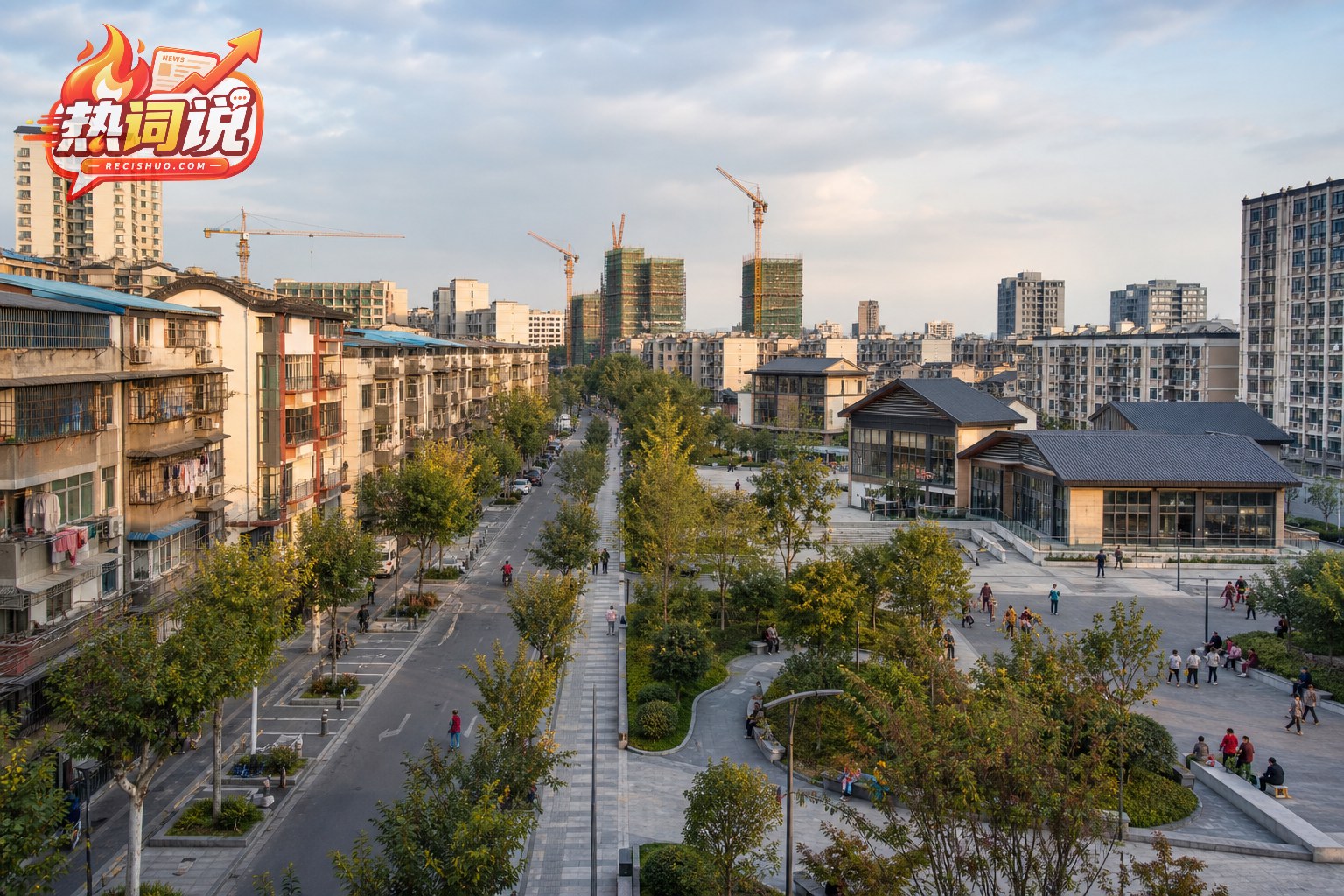 新旧住宅、公共空间与在建项目共同构成的城市更新全景