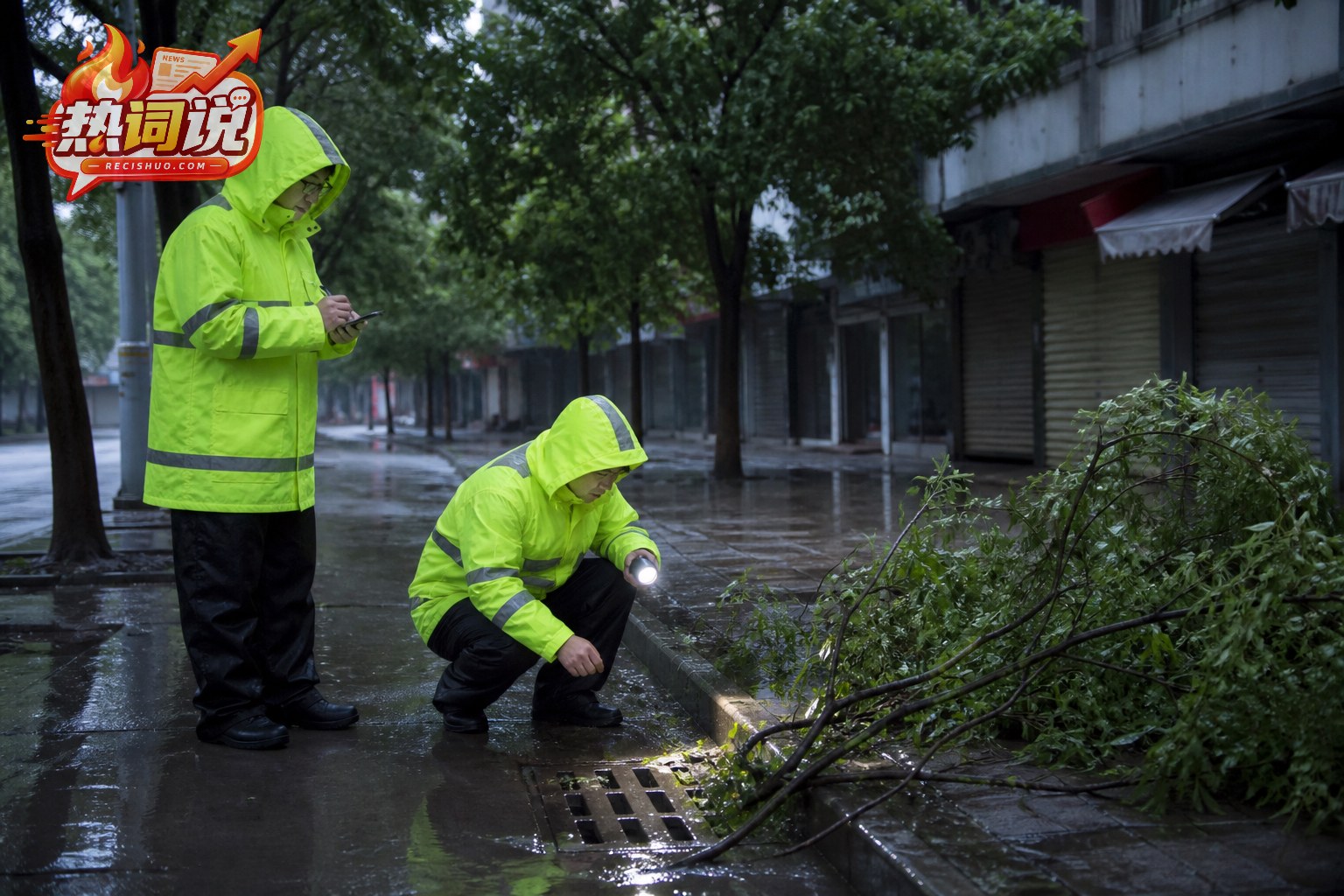 雨后街区巡查人员排查树枝和排水口附近的安全风险