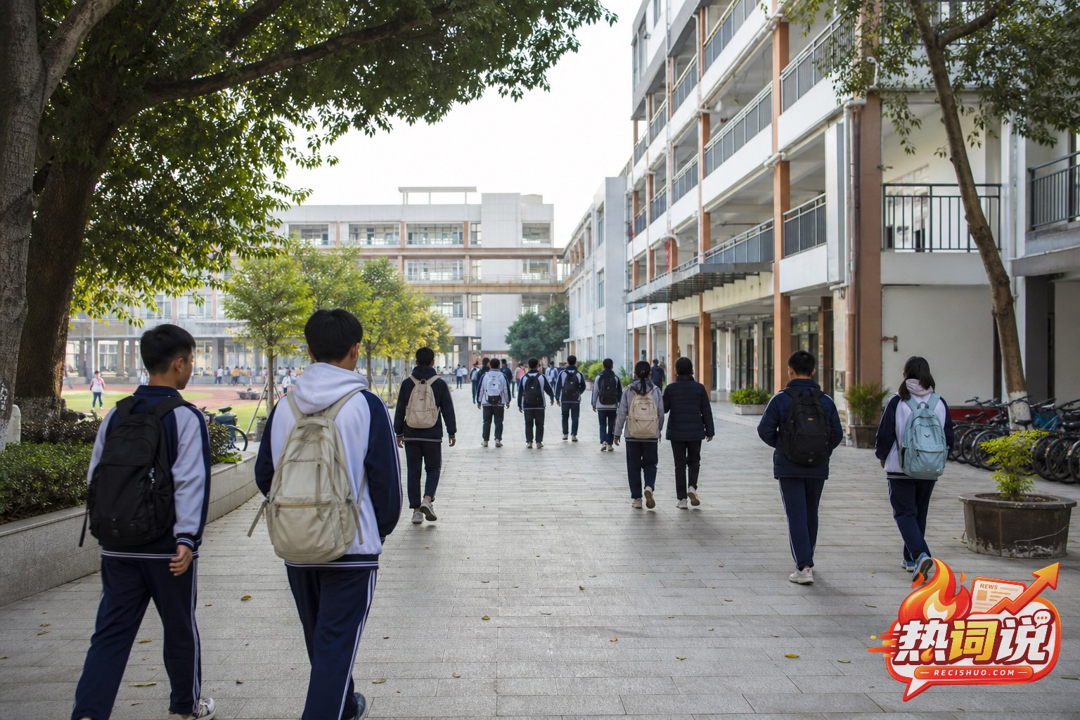 清晨学生走向相互连通的中学教学楼,呈现初高中贯通培养的校园环境