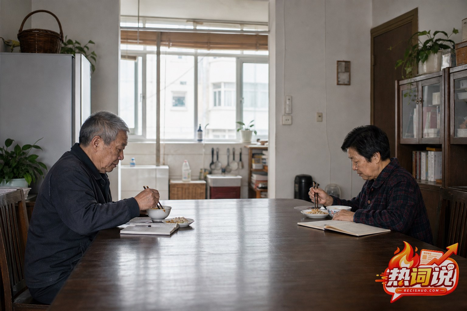 普通住宅内一对老年夫妻分坐长桌两端各自用餐的纪实场景