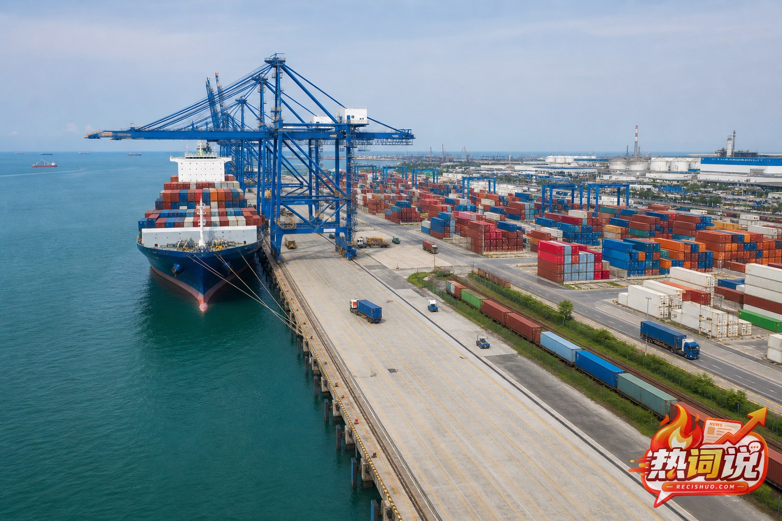 集装箱码头连接海运、铁路与公路物流的作业场景