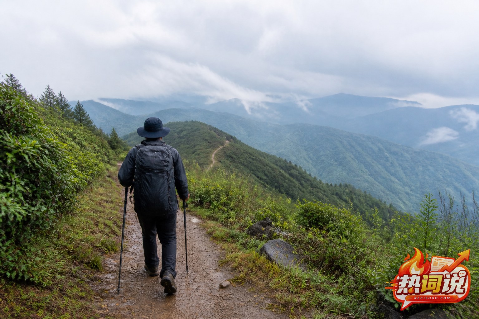 雨后山路上,一名背着登山包、手持登山杖的徒步者走向远处群山