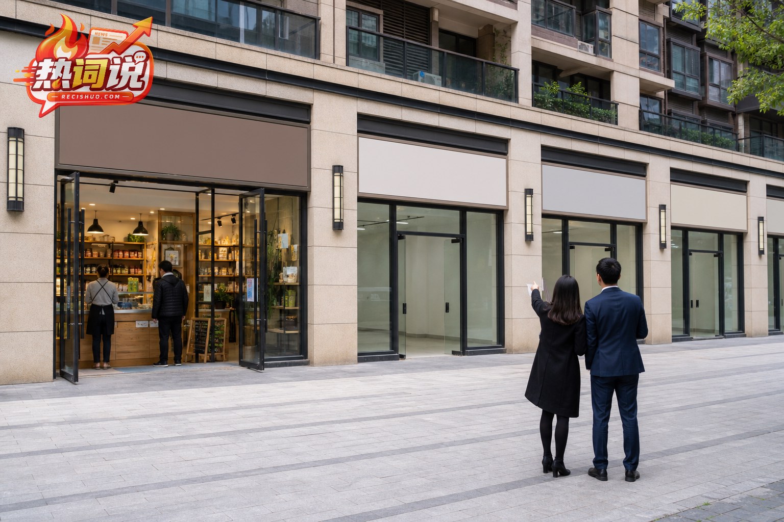 商业街一排待租商铺与正常营业门店并存,经营者正在比较铺位