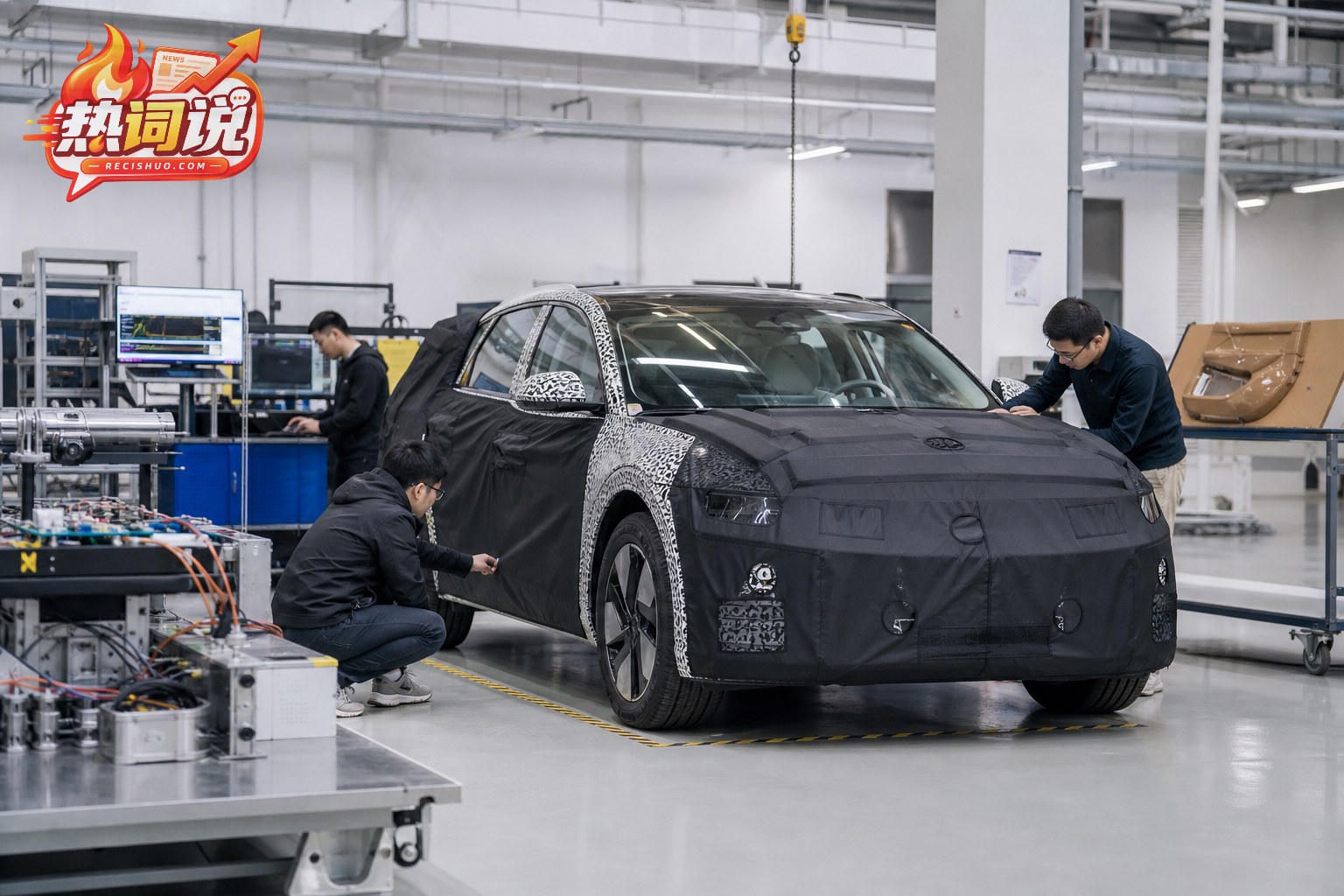 工程师在汽车研发车间检查一辆覆盖伪装材料的新能源测试车